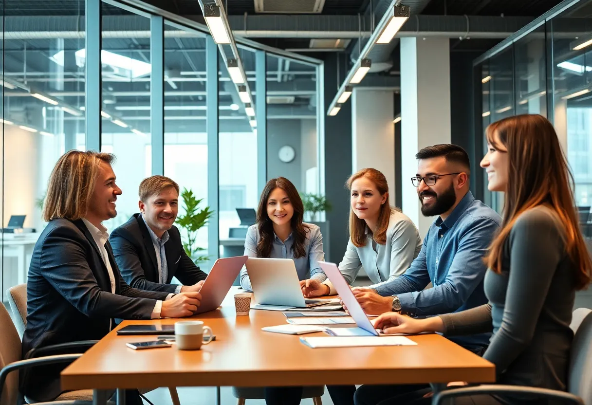 Innovative technology consulting office with team collaboration