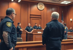 Courtroom scene illustrating justice with law enforcement presence.