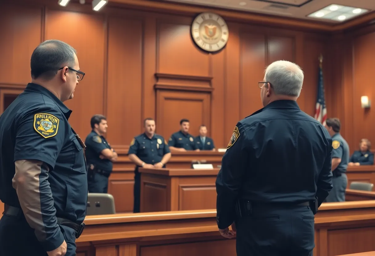Courtroom scene illustrating justice with law enforcement presence.