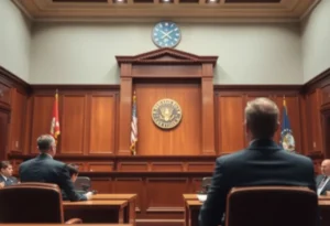 Illustration of a courtroom with legal documents and symbols of justice