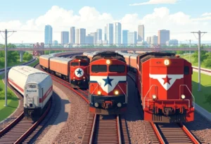 Trains operating on CSX railroad tracks in Jacksonville, Florida.