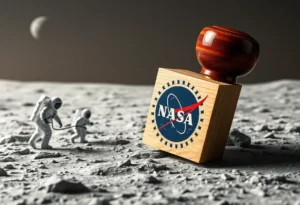 Custom rubber stamp for NASA's Artemis II mission against a lunar backdrop.