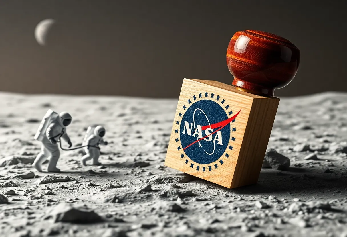 Custom rubber stamp for NASA's Artemis II mission against a lunar backdrop.