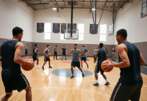 Basketball practice scene at Jacksonville University featuring a gym full of passionate players.