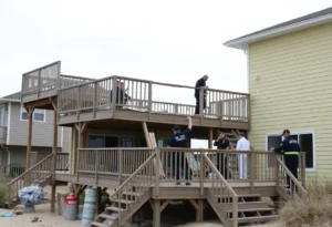 Collapsed wooden deck at a residence in St. Johns County