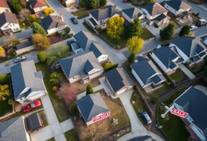 Suburban neighborhood with 'For Sale' signs indicating housing market challenges