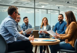 Small business owners discussing health insurance in an office