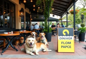 Dogs enjoying a meal on a restaurant patio with customers