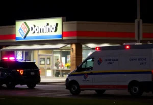 Crime scene investigation at Domino's Pizza with police vehicles present