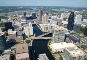 Aerial view of downtown Jacksonville with construction sites.