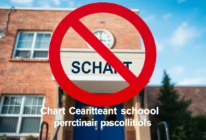 Image of a school building with a rejected sign