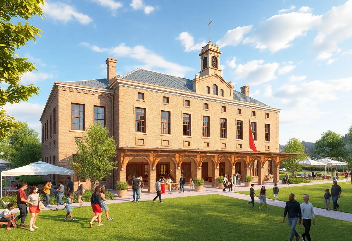 Concept illustration of the Duval Laundry redevelopment with modern event space and community lawn.