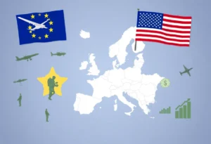 Conceptual representation of Europe and U.S. collaboration in defense strategy.