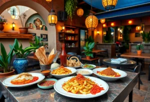 Exterior view of EZ Eatz by Yaya with patio seating and Moroccan decor.