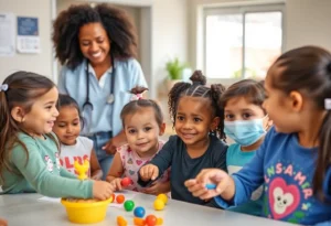 Children engaging in healthy activities with pediatric healthcare professionals