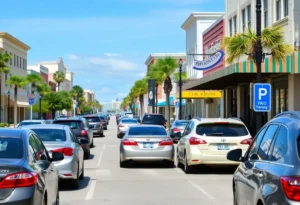 Downtown Fernandina Beach with paid parking signs and parked cars