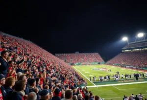 Aerial view of the Fiesta Bowl game with fans cheering and stadium lights shining.