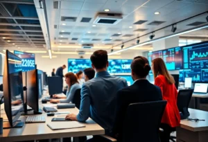 An illustration of fintech office showcasing technology and teamwork after FIS acquisition.