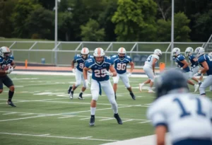 Training session of college football team with a focus on teamwork.