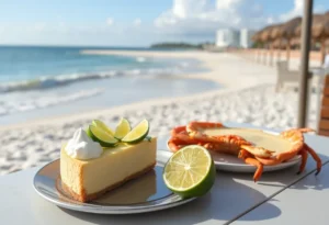 A key lime pie and stone crabs on a table at a beach.