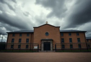 Exterior view of Florida State Prison under dark clouds