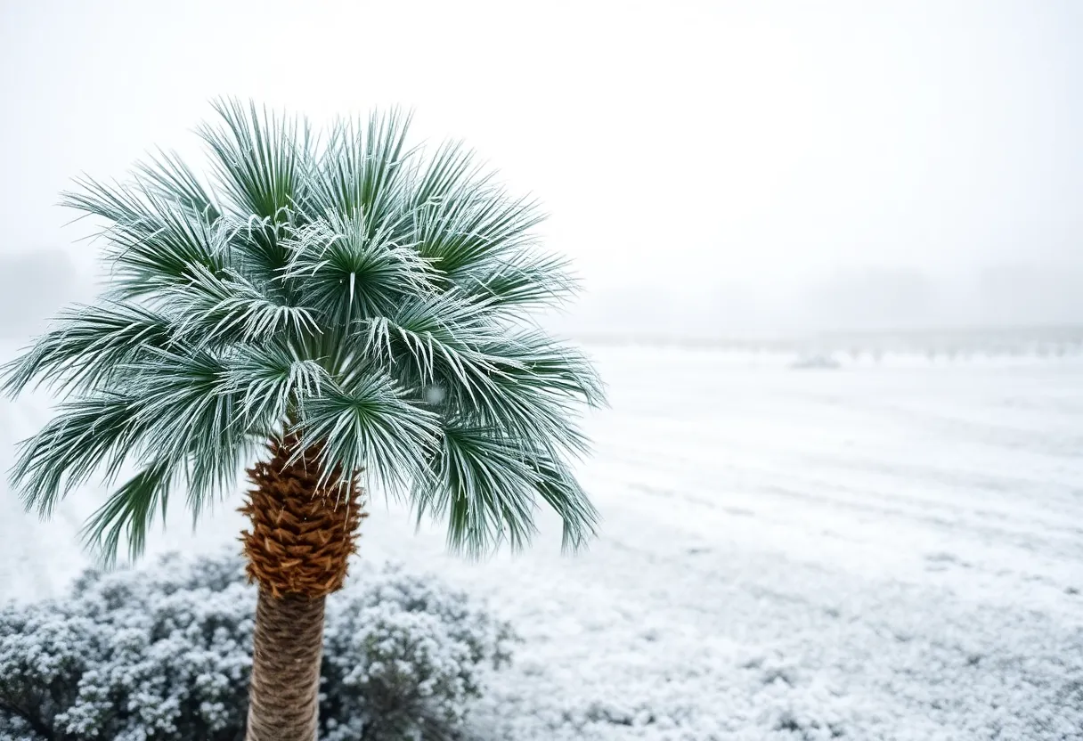 Frosty palm tree in Florida during an Arctic blast