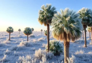 Palm trees in Florida covered with frost during a cold snap