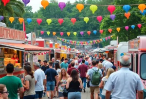 Crowd enjoying a food truck festival with various trucks serving local cuisines.