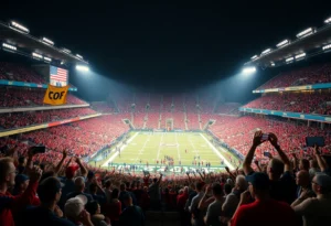 Florida State University football stadium during a game with fans cheering.