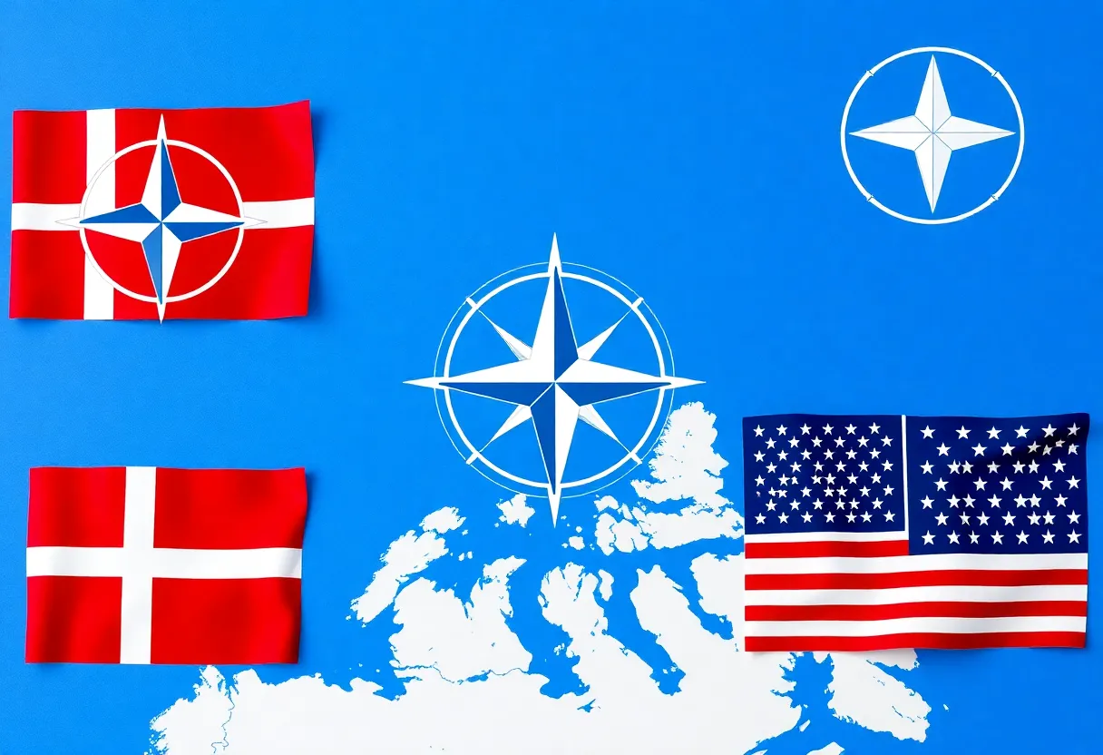Map of Greenland with NATO symbols and flags of Denmark and USA