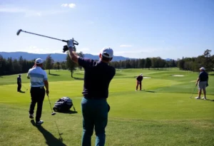 Professional golfers practicing on a golf course
