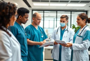Healthcare professionals collaborating in a staffing environment