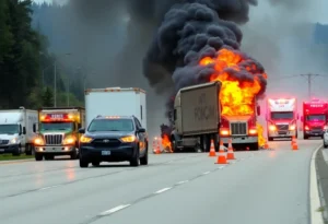 Fire and smoke from a semi-truck accident on the highway