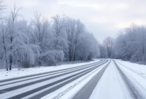 A winter landscape showcasing the effects of an ice storm with icy trees.