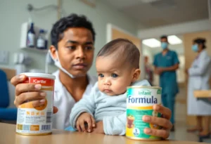 Parent holding an infant near infant formula in a hospital setting