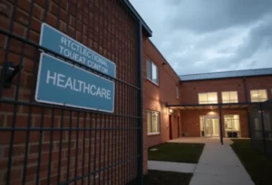 Exterior of a correctional facility representing inmate healthcare.