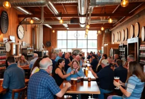 Interior of Intuition Ale Works with customers enjoying craft beer