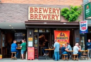 Exterior view of Intuition Ale Works Brewery with customers enjoying craft beer