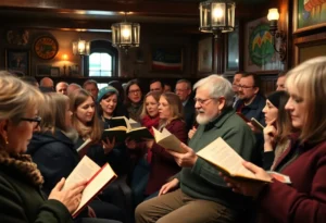 A vibrant crowd enjoying an Irish sing-along at Tim Finnegan's Irish Pub in Delray Beach.