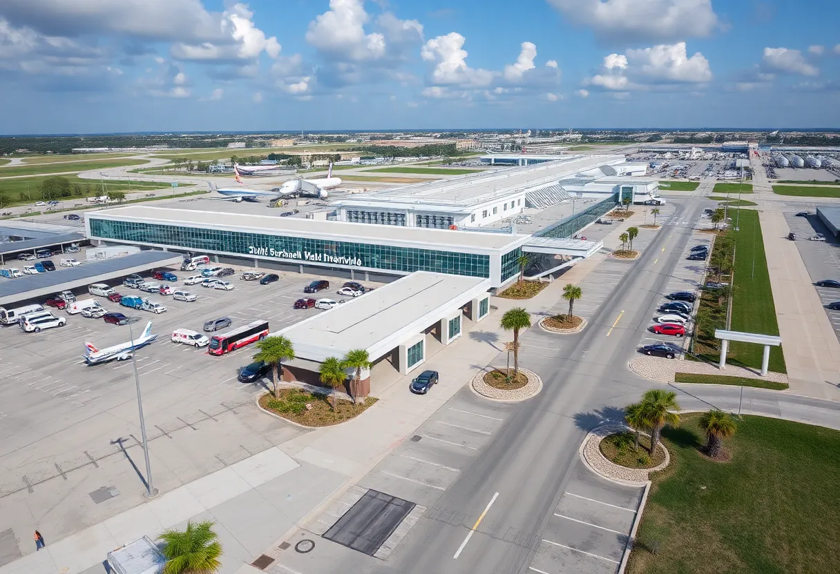 Aerial view of Jacksonville International Airport parking lot with shuttle service.