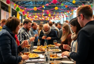 Attendees enjoying food and whiskey at the Bourbon & Brisket fundraiser in Jacksonville Beach