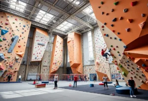 Interior view of the new bouldering gym in Jacksonville with climbing walls and fitness areas.