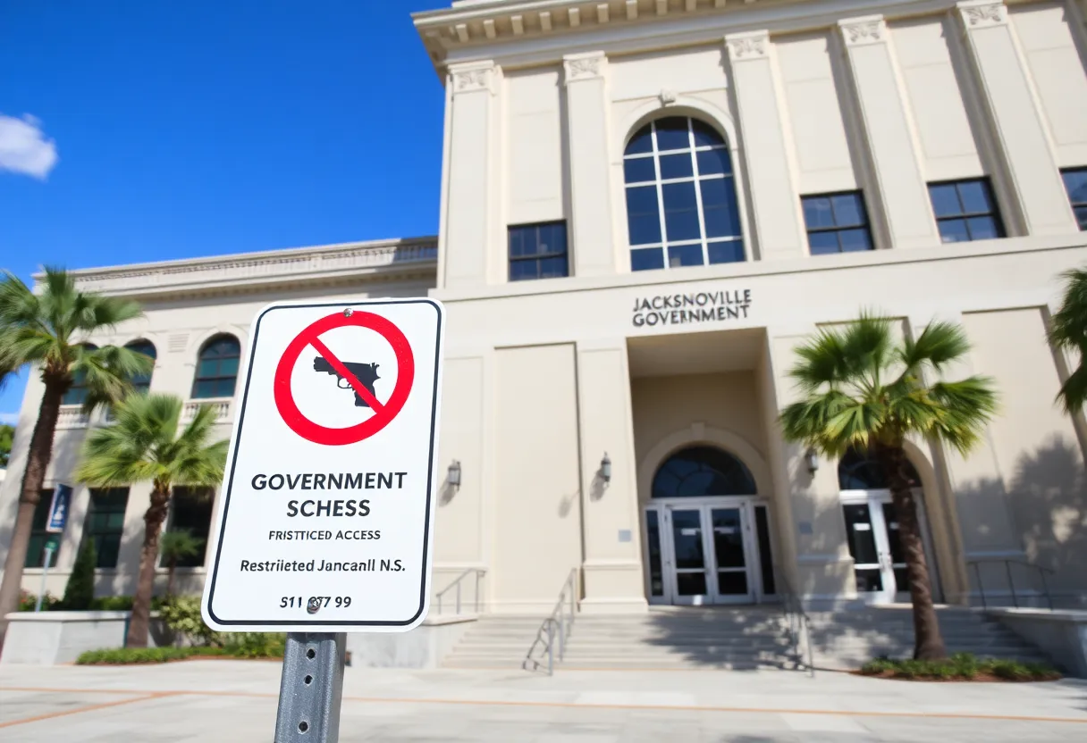 Exterior view of a Jacksonville city government building with security signage