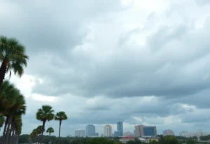 Cloudy weather in Jacksonville with palm trees and skyline