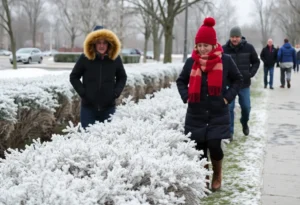 Cold winter scene in Jacksonville with frost on trees and residents in winter gear.
