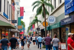 Bustling business street in Jacksonville with entrepreneurs and consumers