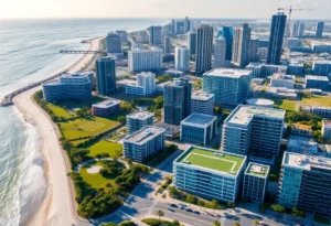 Aerial view of Jacksonville's developing beach and downtown areas with construction sites and green parks.