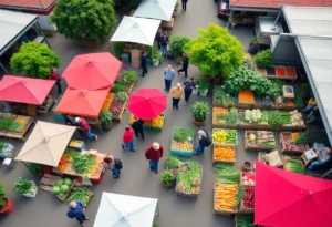 A bustling Jacksonville farmers market with fresh local produce.