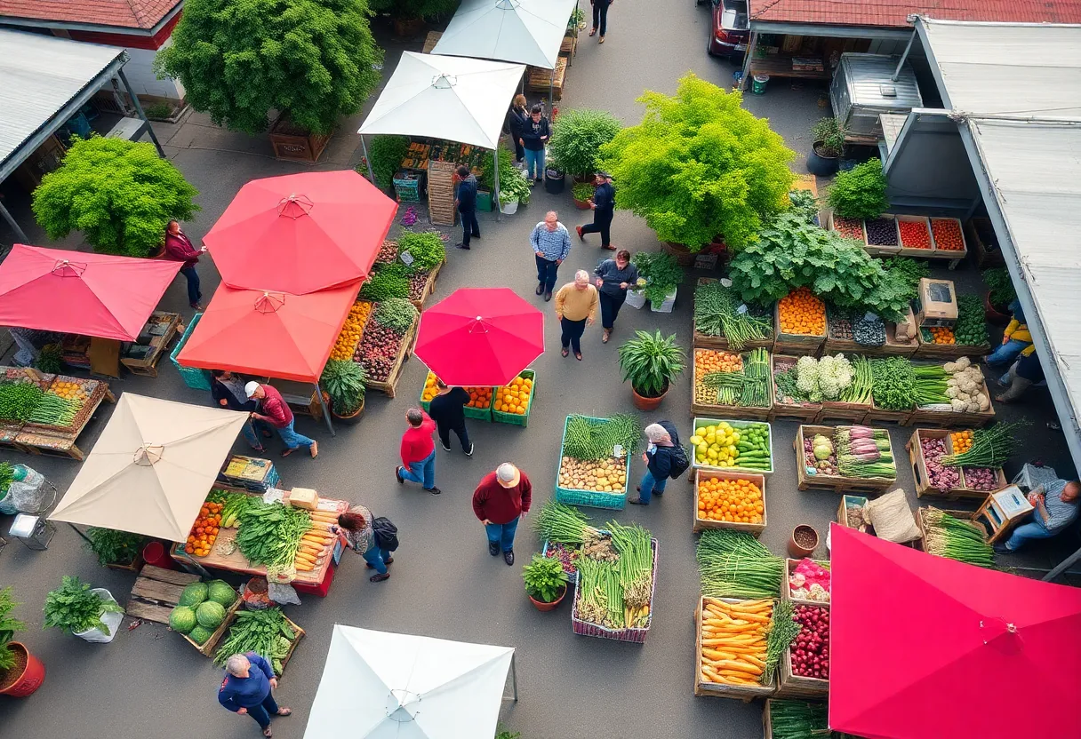 A bustling Jacksonville farmers market with fresh local produce.