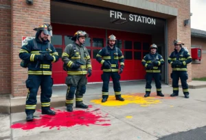 Firefighters near a station with paintball splatters